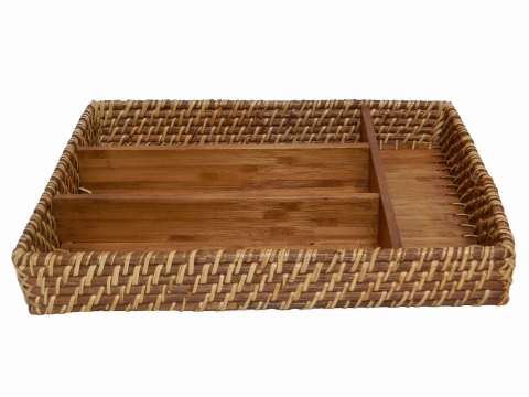 Rectangular rattan cutlery tray with bamboo bottom